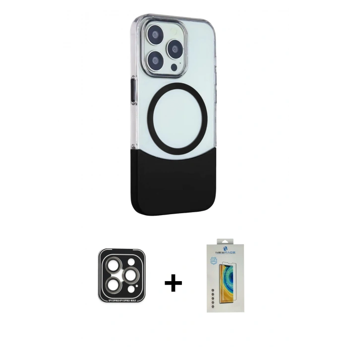 MARSİLYAN™- iPhone 15 Pro Max Kılıf Çekirdek Asil Özel Seri - Siyah Polymer Nano Ekran Koruyucu + PVD Metal Kamera Lens - GI