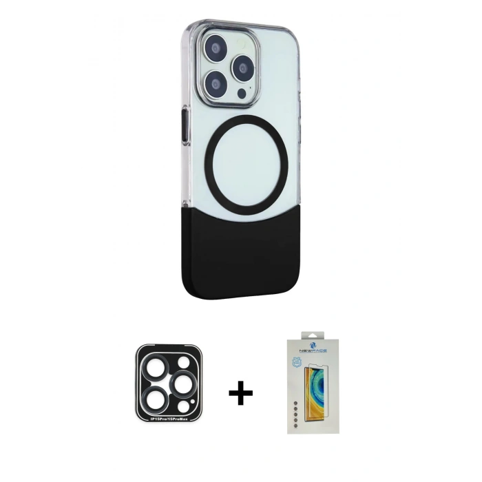 MARSİLYAN™- iPhone 15 Pro Max Kılıf Çekirdek Asil Özel Seri - Siyah Polymer Nano Ekran Koruyucu + PVD Metal Kamera Lens - LT