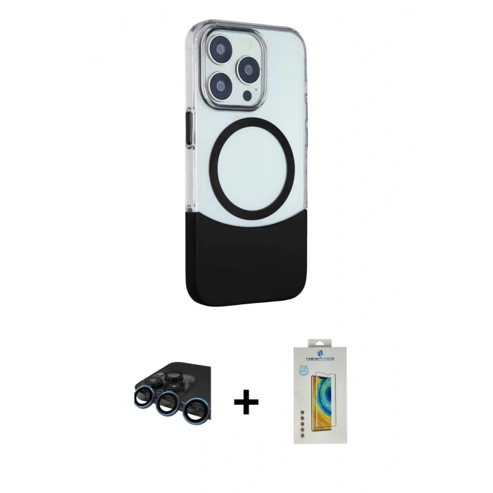 MARSİLYAN™- iPhone 15 Pro Max Kılıf Çekirdek Asil Özel Seri - Siyah Polymer Nano Ekran Koruyucu + Raze Metal Kamera Lens - LT