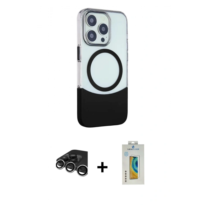 MARSİLYAN™- iPhone 15 Pro Max Kılıf Çekirdek Asil Özel Seri - Siyah Polymer Nano Ekran Koruyucu + Raze Metal Kamera Lens - GS