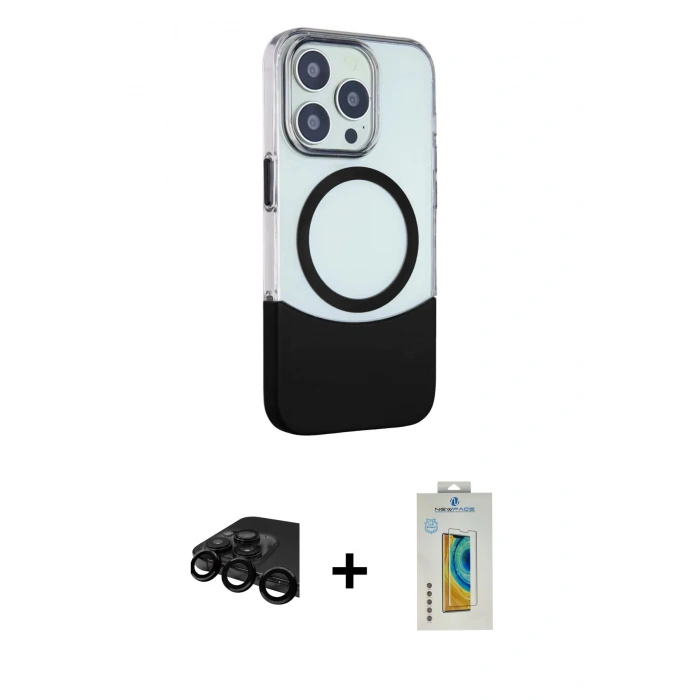 MARSİLYAN™- iPhone 15 Pro Max Kılıf Çekirdek Asil Özel Seri - Siyah Polymer Nano Ekran Koruyucu + Raze Metal Kamera Lens - SH