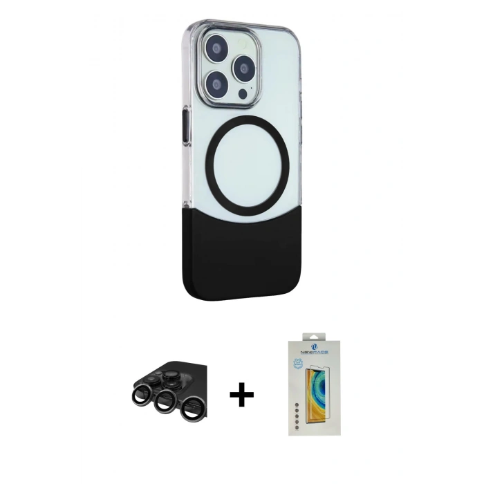MARSİLYAN™- iPhone 15 Pro Max Kılıf Çekirdek Asil Özel Seri - Siyah Polymer Nano Ekran Koruyucu + Raze Metal Kamera Lens - TMGI