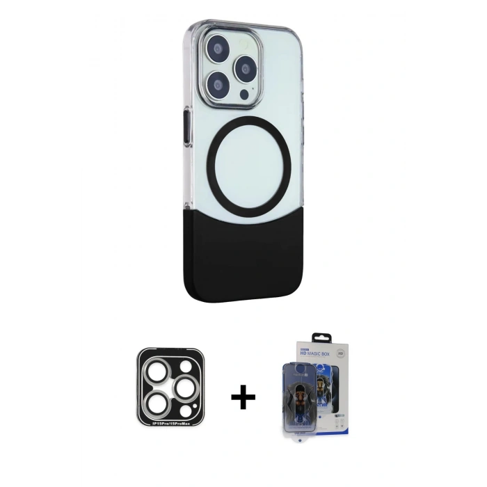 MARSİLYAN™- iPhone 15 Pro Max Kılıf Çekirdek Asil Özel Seri - Siyah Vanessa Magic Cam + Gümüş PVD Metal Kamera Lens
