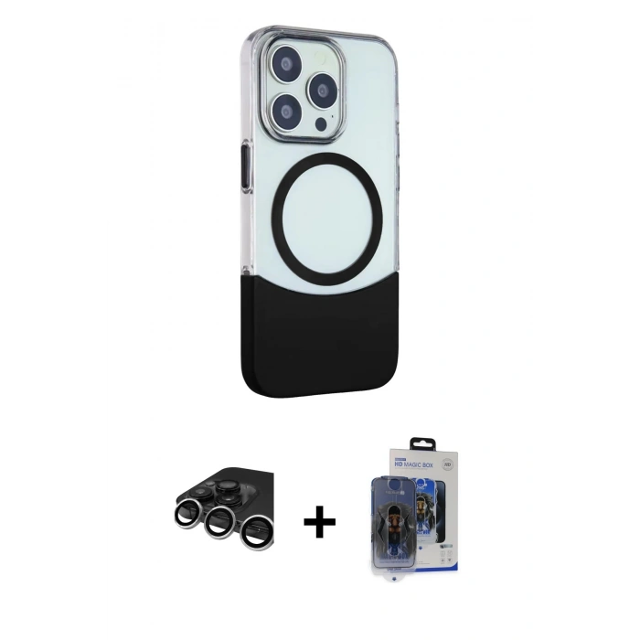 MARSİLYAN™- iPhone 15 Pro Max Kılıf Çekirdek Asil Özel Seri - Siyah Vanessa Magic Cam + Raze Metal Kamera Lens - GS
