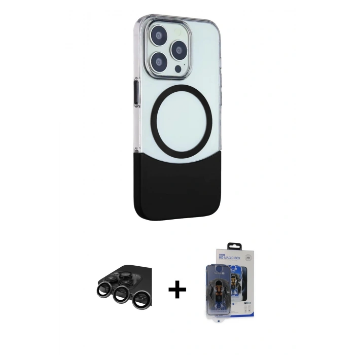 MARSİLYAN™- iPhone 15 Pro Max Kılıf Çekirdek Asil Özel Seri - Siyah Vanessa Magic Cam + Raze Metal Kamera Lens - TMGI