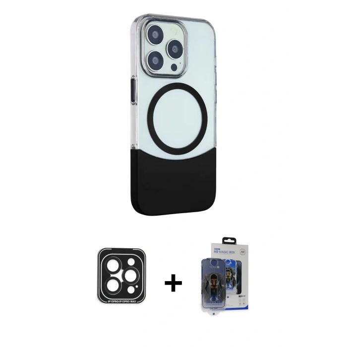 MARSİLYAN™- iPhone 15 Pro Max Kılıf Çekirdek Asil Özel Seri - Siyah Vanessa Magic Cam + PVD Metal Kamera Lens - SH