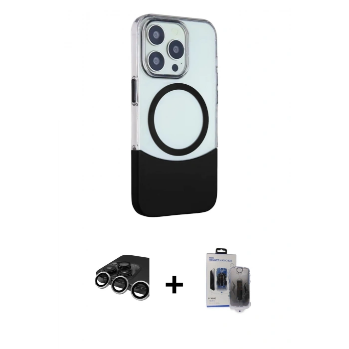 MARSİLYAN™- iPhone 15 Pro Max Kılıf Çekirdek Asil Özel Seri - Siyah Vanessa Magic Hayalet Cam + Raze Metal Kamera Lens - GS
