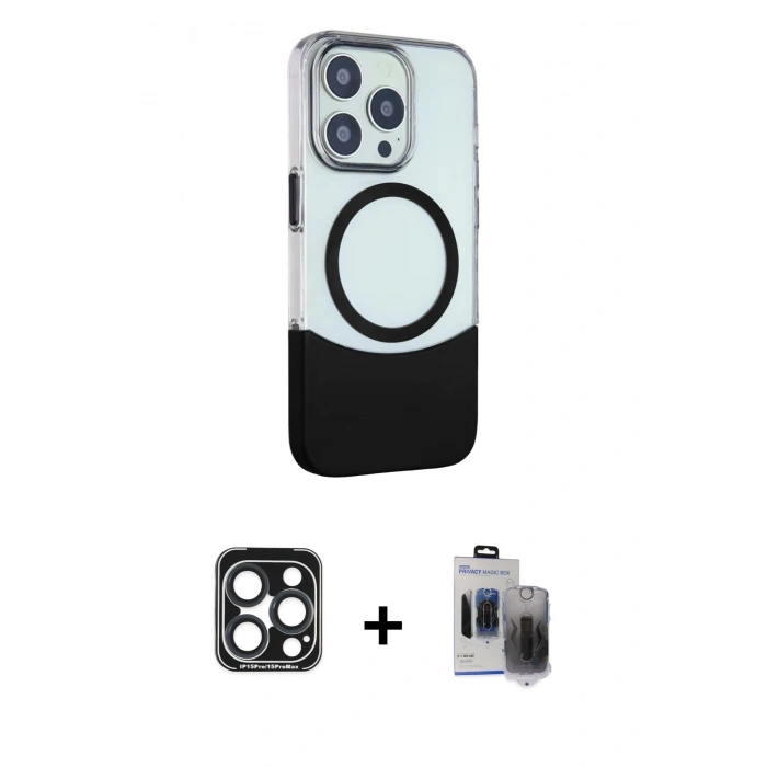 MARSİLYAN™- iPhone 15 Pro Max Kılıf Çekirdek Asil Özel Seri - Siyah Vanessa Magic Hayalet Cam + PVD Metal Kamera Lens - LT
