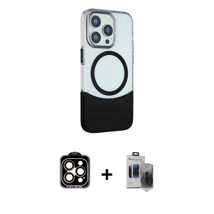 MARSİLYAN™- iPhone 15 Pro Max Kılıf Çekirdek Asil Özel Seri - Siyah Vanessa Magic Hayalet Cam + PVD Metal Kamera Lens - TU