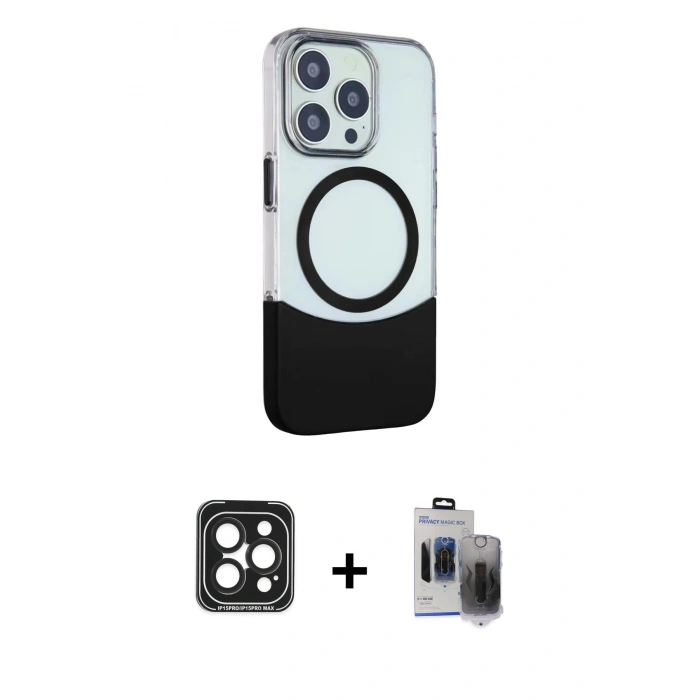MARSİLYAN™- iPhone 15 Pro Max Kılıf Çekirdek Asil Özel Seri - Siyah Vanessa Magic Hayalet Cam + PVD Metal Kamera Lens - SH
