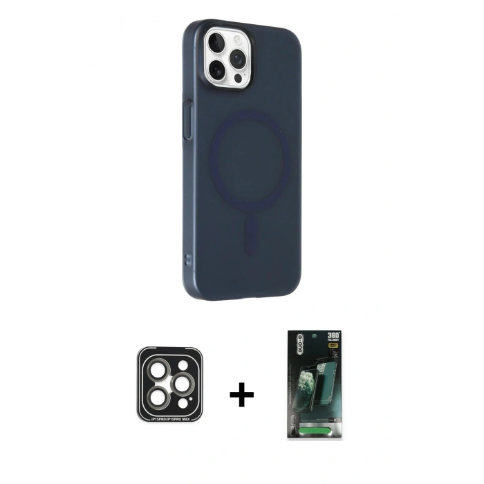 MARSİLYAN™- iPhone 15 Pro Max Kılıf Çekirdek Modern Prime - Şeffaf 360 Full Body Arka Koruyucu + PVD Metal Kamera Lens - GI