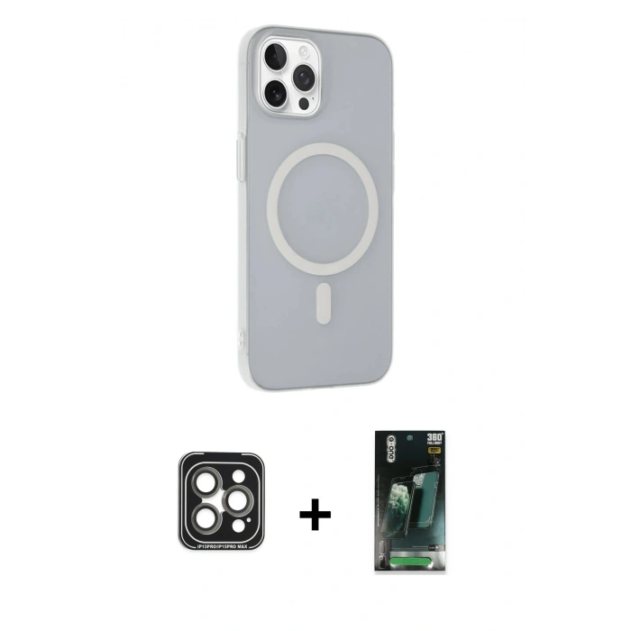 MARSİLYAN™- iPhone 15 Pro Max Kılıf Çekirdek Modern Prime - Şeffaf 360 Full Body Arka Koruyucu + PVD Metal Kamera Lens - GI