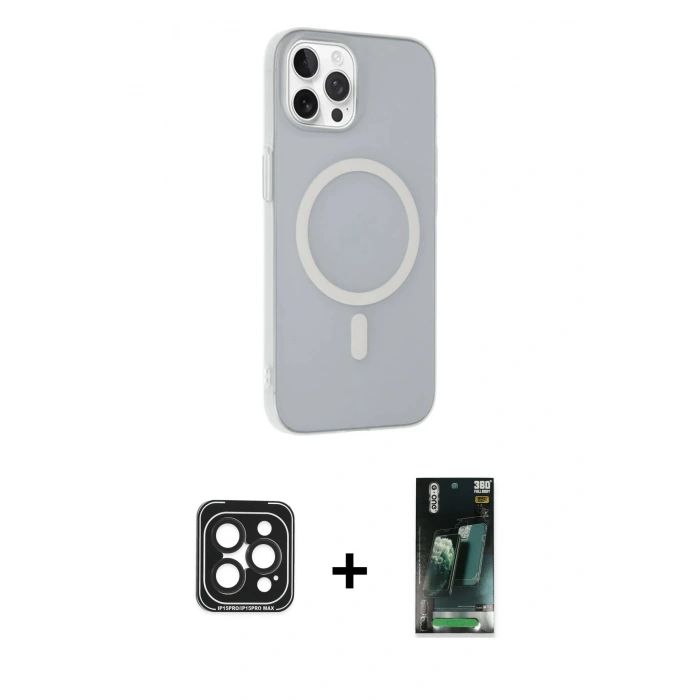 MARSİLYAN™- iPhone 15 Pro Max Kılıf Çekirdek Modern Prime - Şeffaf 360 Full Body Arka Koruyucu + PVD Metal Kamera Lens - SH