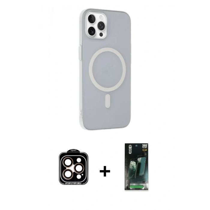 MARSİLYAN™- iPhone 15 Pro Max Kılıf Çekirdek Modern Prime - Şeffaf 360 Full Body Arka Koruyucu + Turuncu PVD Metal Kamera Lens