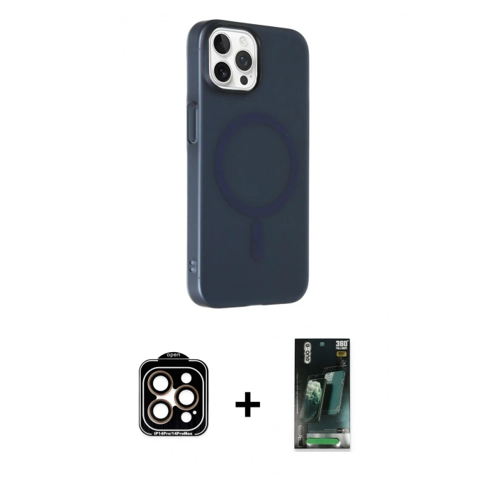 MARSİLYAN™- iPhone 15 Pro Max Kılıf Çekirdek Modern Prime - Şeffaf 360 Full Body Arka Koruyucu + Turuncu PVD Metal Kamera Lens