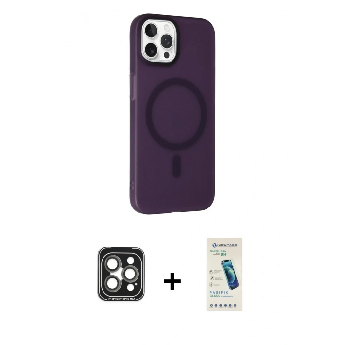 MARSİLYAN™- iPhone 15 Pro Max Kılıf Çekirdek Modern Prime - Şeffaf Pasifik Cam Ekran Koruyucu + Gri PVD Metal Kamera Lens
