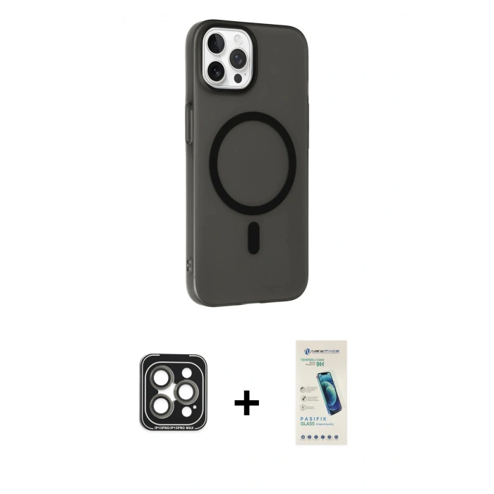 MARSİLYAN™- iPhone 15 Pro Max Kılıf Çekirdek Modern Prime - Şeffaf Pasifik Cam Ekran Koruyucu + Gri PVD Metal Kamera Lens