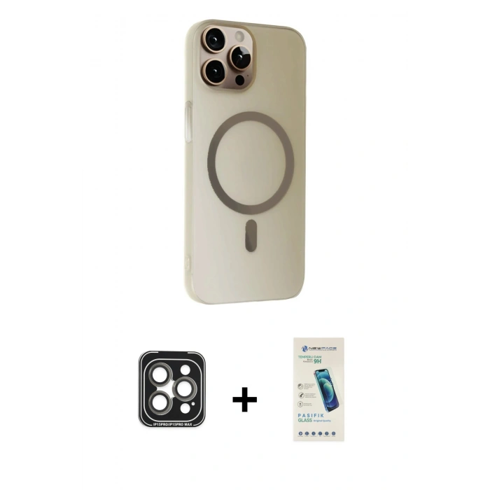 MARSİLYAN™- iPhone 15 Pro Max Kılıf Çekirdek Modern Prime - Şeffaf Pasifik Cam Ekran Koruyucu + Gri PVD Metal Kamera Lens
