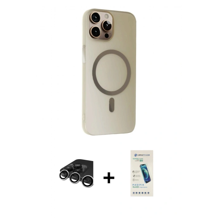 MARSİLYAN™- iPhone 15 Pro Max Kılıf Çekirdek Modern Prime - Şeffaf Pasifik Cam Ekran Koruyucu + Gümüş Raze Metal Kamera Lens