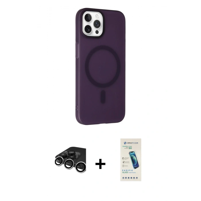 MARSİLYAN™- iPhone 15 Pro Max Kılıf Çekirdek Modern Prime - Şeffaf Pasifik Cam Ekran Koruyucu + Gümüş Raze Metal Kamera Lens