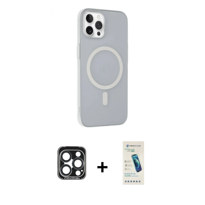 MARSİLYAN™- iPhone 15 Pro Max Kılıf Çekirdek Modern Prime - Şeffaf Pasifik Cam Ekran Koruyucu + Lacivert PVD Metal Kamera Lens