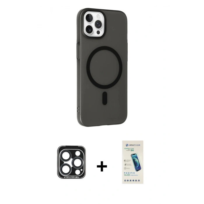 MARSİLYAN™- iPhone 15 Pro Max Kılıf Çekirdek Modern Prime - Şeffaf Pasifik Cam Ekran Koruyucu + Lacivert PVD Metal Kamera Lens