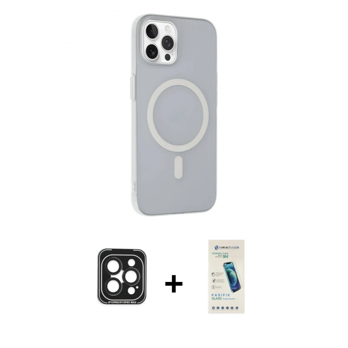 MARSİLYAN™- iPhone 15 Pro Max Kılıf Çekirdek Modern Prime - Şeffaf Pasifik Cam Ekran Koruyucu + PVD Metal Kamera Lens - SH