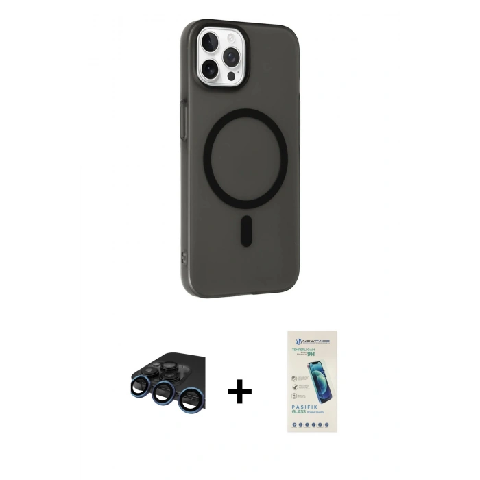 MARSİLYAN™- iPhone 15 Pro Max Kılıf Çekirdek Modern Prime - Şeffaf Pasifik Cam Ekran Koruyucu + Raze Metal Kamera Lens - LT