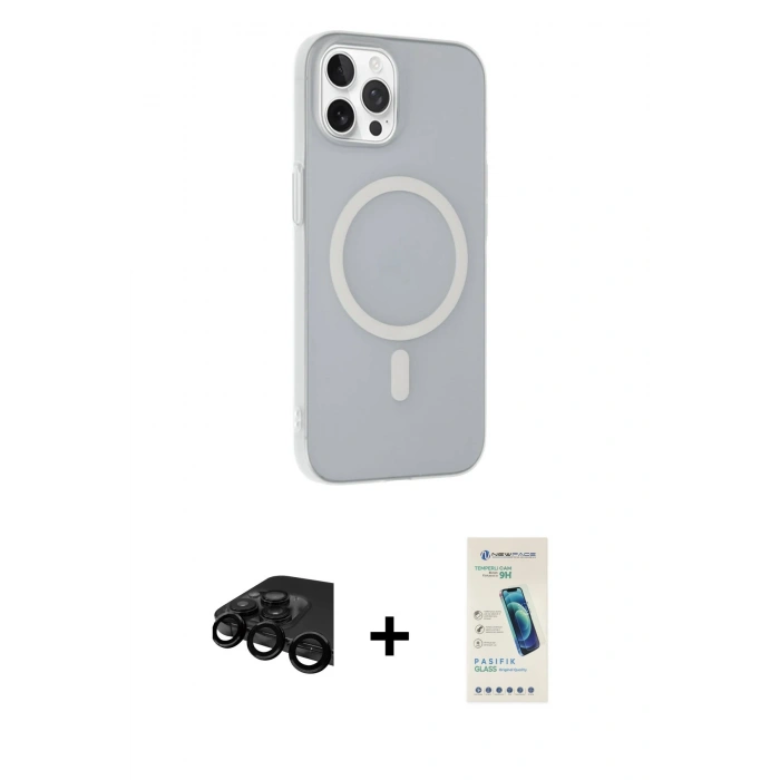 MARSİLYAN™- iPhone 15 Pro Max Kılıf Çekirdek Modern Prime - Şeffaf Pasifik Cam Ekran Koruyucu + Raze Metal Kamera Lens - SH