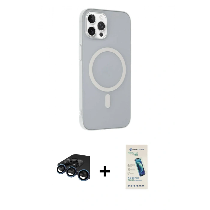 MARSİLYAN™- iPhone 15 Pro Max Kılıf Çekirdek Modern Prime - Şeffaf Pasifik Cam Ekran Koruyucu + Raze Metal Kamera Lens - LT