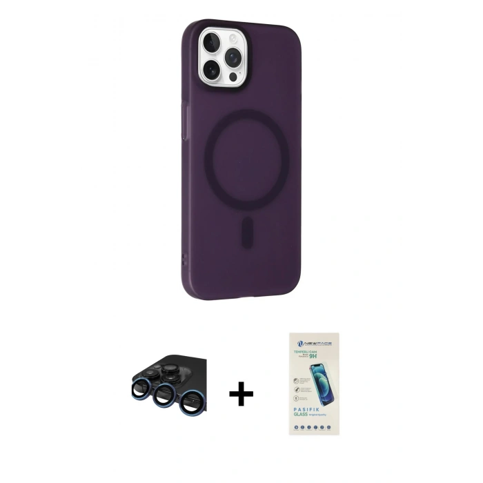 MARSİLYAN™- iPhone 15 Pro Max Kılıf Çekirdek Modern Prime - Şeffaf Pasifik Cam Ekran Koruyucu + Raze Metal Kamera Lens - LT