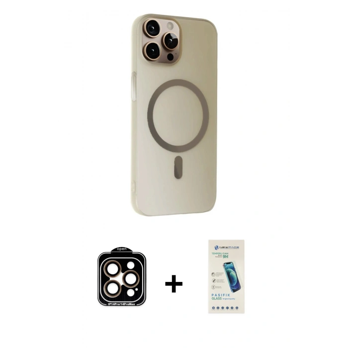 MARSİLYAN™- iPhone 15 Pro Max Kılıf Çekirdek Modern Prime - Şeffaf Pasifik Cam Ekran Koruyucu + PVD Metal Kamera Lens - TU