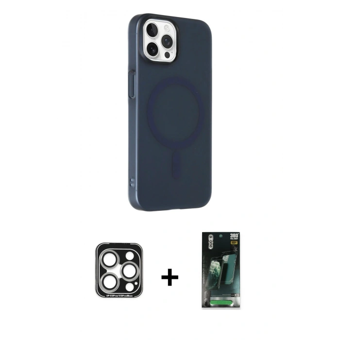 MARSİLYAN™- iPhone 15 Pro Max Kılıf Çekirdek Modern Prime - Siyah 360 Mat Full Body Arka Koruyucu + PVD Metal Kamera Lens - GS