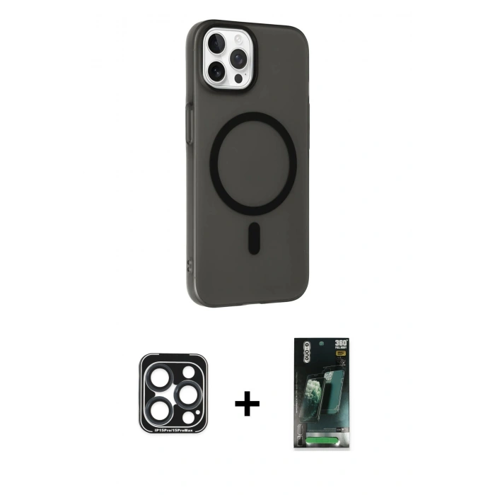 MARSİLYAN™- iPhone 15 Pro Max Kılıf Çekirdek Modern Prime - Siyah 360 Mat Full Body Arka Koruyucu + Lacivert PVD Metal Kamera Lens