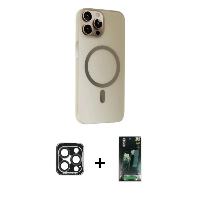 MARSİLYAN™- iPhone 15 Pro Max Kılıf Çekirdek Modern Prime - Siyah 360 Mat Full Body Arka Koruyucu + Lacivert PVD Metal Kamera Lens