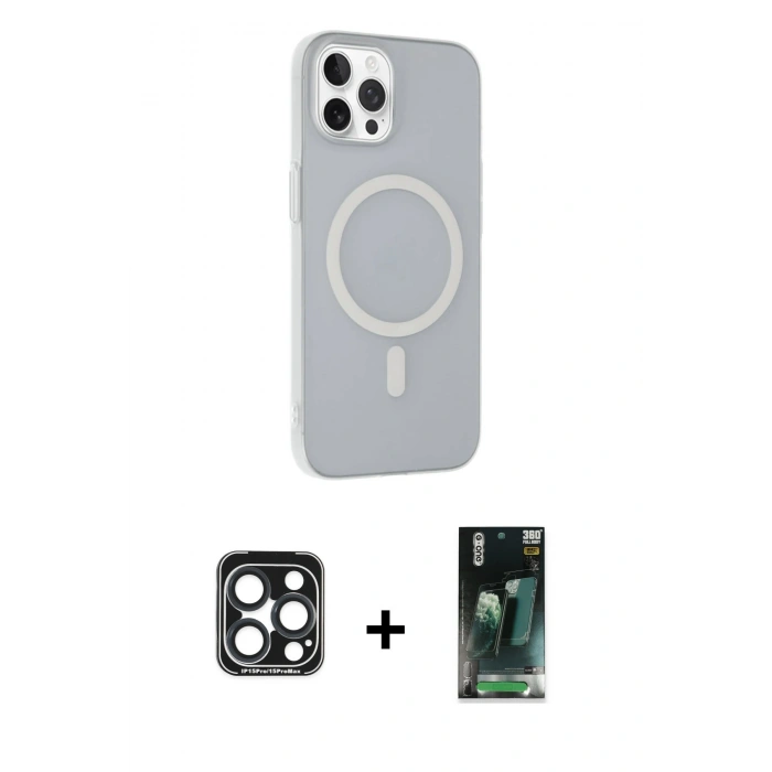 MARSİLYAN™- iPhone 15 Pro Max Kılıf Çekirdek Modern Prime - Siyah 360 Mat Full Body Arka Koruyucu + Lacivert PVD Metal Kamera Lens