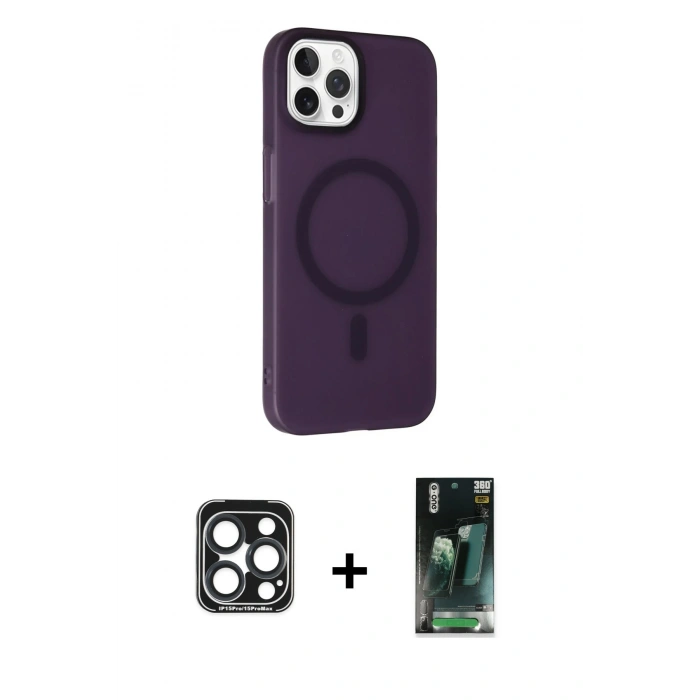 MARSİLYAN™- iPhone 15 Pro Max Kılıf Çekirdek Modern Prime - Siyah 360 Mat Full Body Arka Koruyucu + Lacivert PVD Metal Kamera Lens