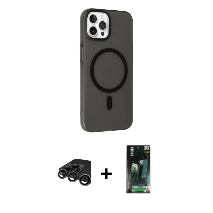 MARSİLYAN™- iPhone 15 Pro Max Kılıf Çekirdek Modern Prime - Siyah 360 Mat Full Body Arka Koruyucu + Raze Metal Kamera Lens - TMGI