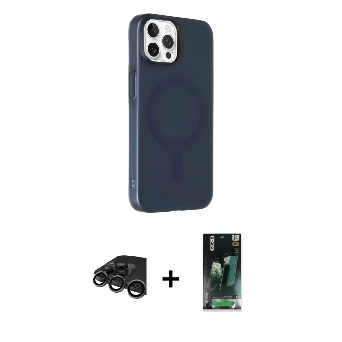 MARSİLYAN™- iPhone 15 Pro Max Kılıf Çekirdek Modern Prime - Siyah 360 Mat Full Body Arka Koruyucu + Raze Metal Kamera Lens - TMGI