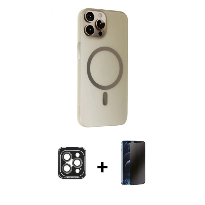 MARSİLYAN™- iPhone 15 Pro Max Kılıf Çekirdek Modern Prime - Siyah 3D Antistatik Hayalet Cam Ekran Koruyucu + PVD Metal Kamera Lens - GI