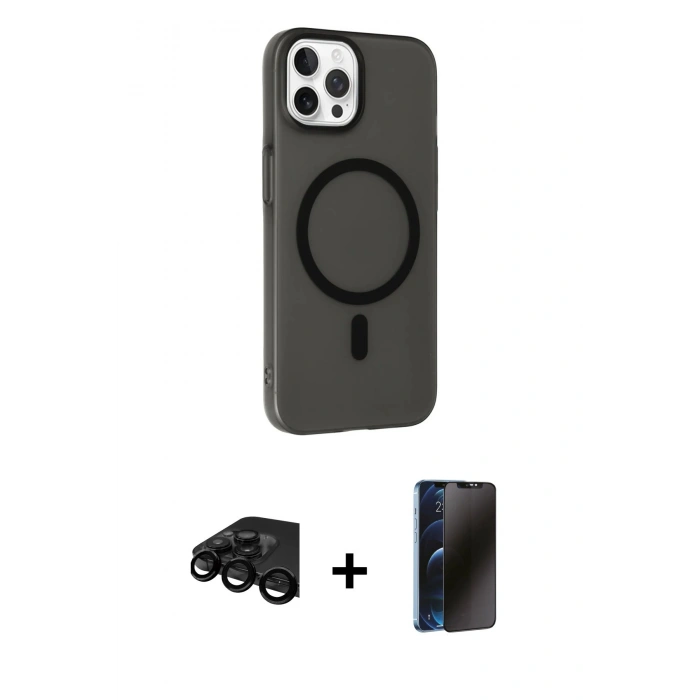 MARSİLYAN™- iPhone 15 Pro Max Kılıf Çekirdek Modern Prime - Siyah 3D Antistatik Hayalet Cam Ekran Koruyucu + Raze Metal Kamera Lens - SH
