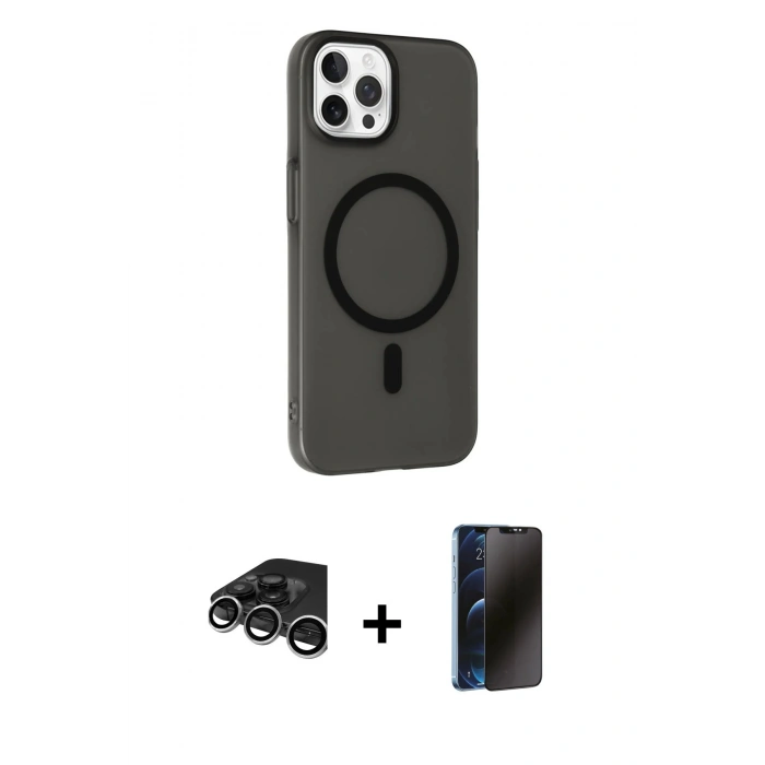 MARSİLYAN™- iPhone 15 Pro Max Kılıf Çekirdek Modern Prime - Siyah 3D Antistatik Hayalet Cam Ekran Koruyucu + Raze Metal Kamera Lens - GS
