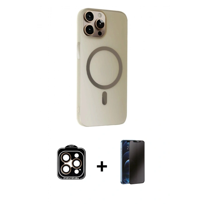 MARSİLYAN™- iPhone 15 Pro Max Kılıf Çekirdek Modern Prime - Siyah 3D Antistatik Hayalet Cam Ekran Koruyucu + PVD Metal Kamera Lens - TU