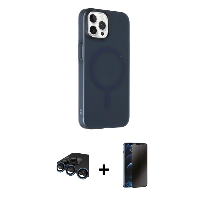 MARSİLYAN™- iPhone 15 Pro Max Kılıf Çekirdek Modern Prime - Siyah 3D Antistatik Hayalet Cam Ekran Koruyucu + Raze Metal Kamera Lens - LT