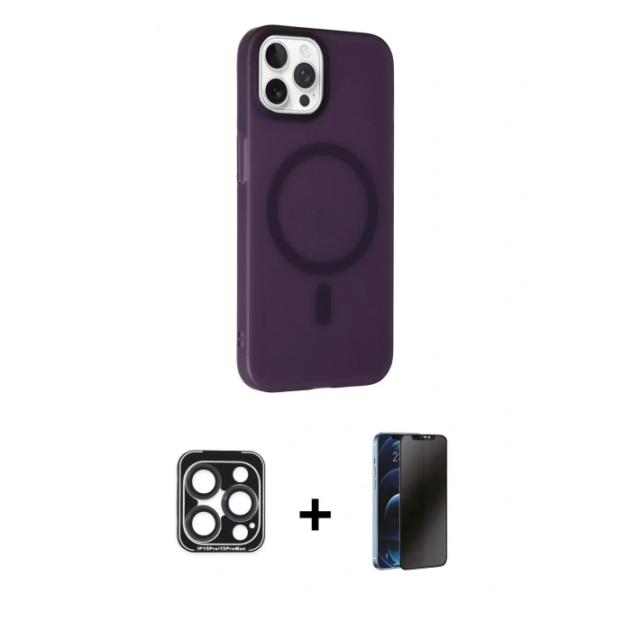 MARSİLYAN™- iPhone 15 Pro Max Kılıf Çekirdek Modern Prime - Siyah 3D Antistatik Hayalet Cam Ekran Koruyucu + PVD Metal Kamera Lens - LT