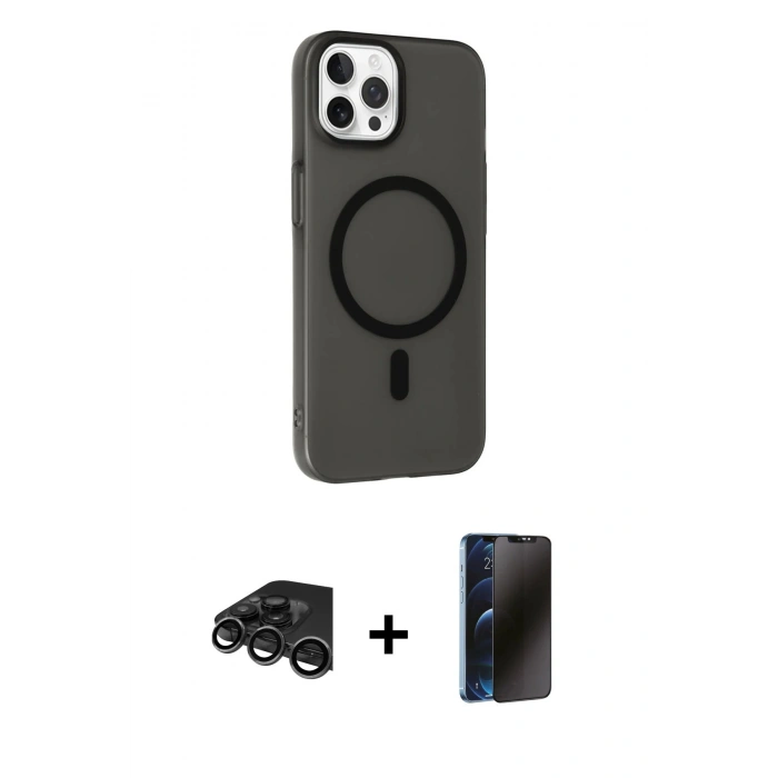 MARSİLYAN™- iPhone 15 Pro Max Kılıf Çekirdek Modern Prime - Siyah 3D Antistatik Hayalet Cam Ekran Koruyucu + Raze Metal Kamera Lens - TMGI