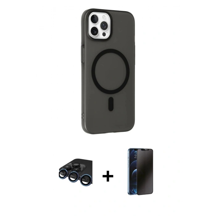 MARSİLYAN™- iPhone 15 Pro Max Kılıf Çekirdek Modern Prime - Siyah 3D Antistatik Hayalet Cam Ekran Koruyucu + Raze Metal Kamera Lens - LT