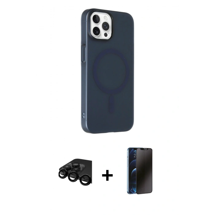 MARSİLYAN™- iPhone 15 Pro Max Kılıf Çekirdek Modern Prime - Siyah 3D Antistatik Hayalet Cam Ekran Koruyucu + Raze Metal Kamera Lens - SH
