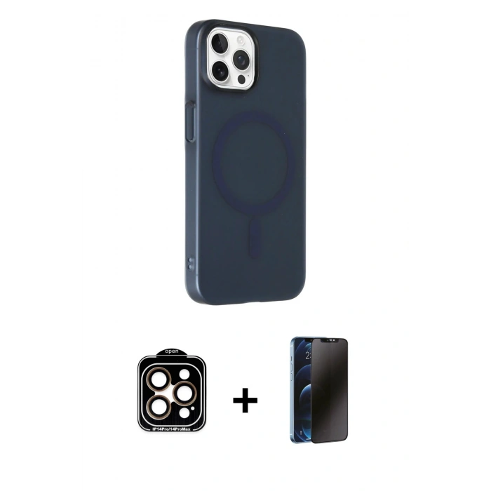 MARSİLYAN™- iPhone 15 Pro Max Kılıf Çekirdek Modern Prime - Siyah 3D Antistatik Hayalet Cam Ekran Koruyucu + PVD Metal Kamera Lens - TU