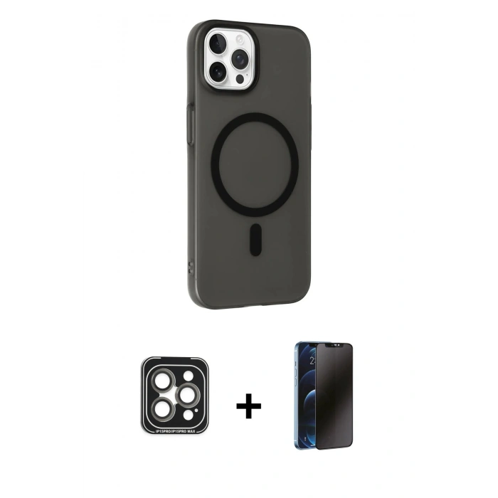 MARSİLYAN™- iPhone 15 Pro Max Kılıf Çekirdek Modern Prime - Siyah 3D Antistatik Hayalet Cam Ekran Koruyucu + PVD Metal Kamera Lens - GI